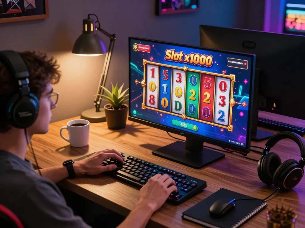 Player immersed in the Slot x1000 game, showcasing vibrant gameplay on desktop.