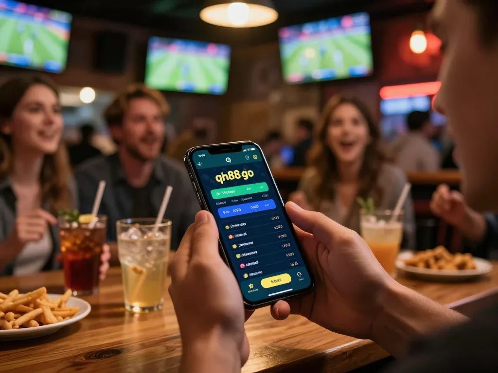 Engaging in live betting on the qh88go app while enjoying sports at a lively bar atmosphere.