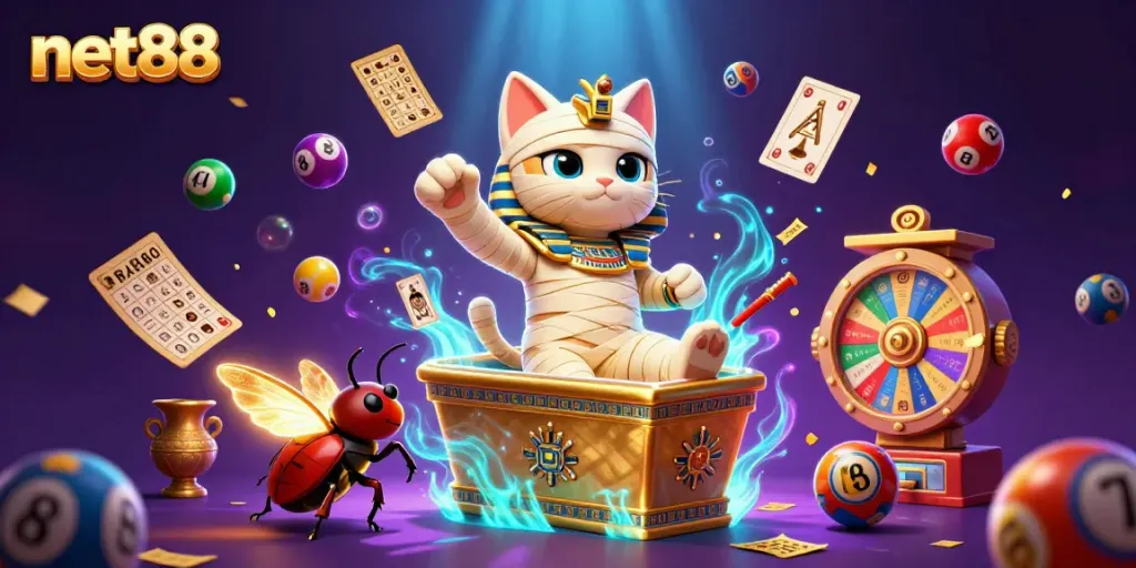 Experience thrills at net88 with an Egyptian mummy in a pyramid casino, surrounded by vibrant gaming elements.