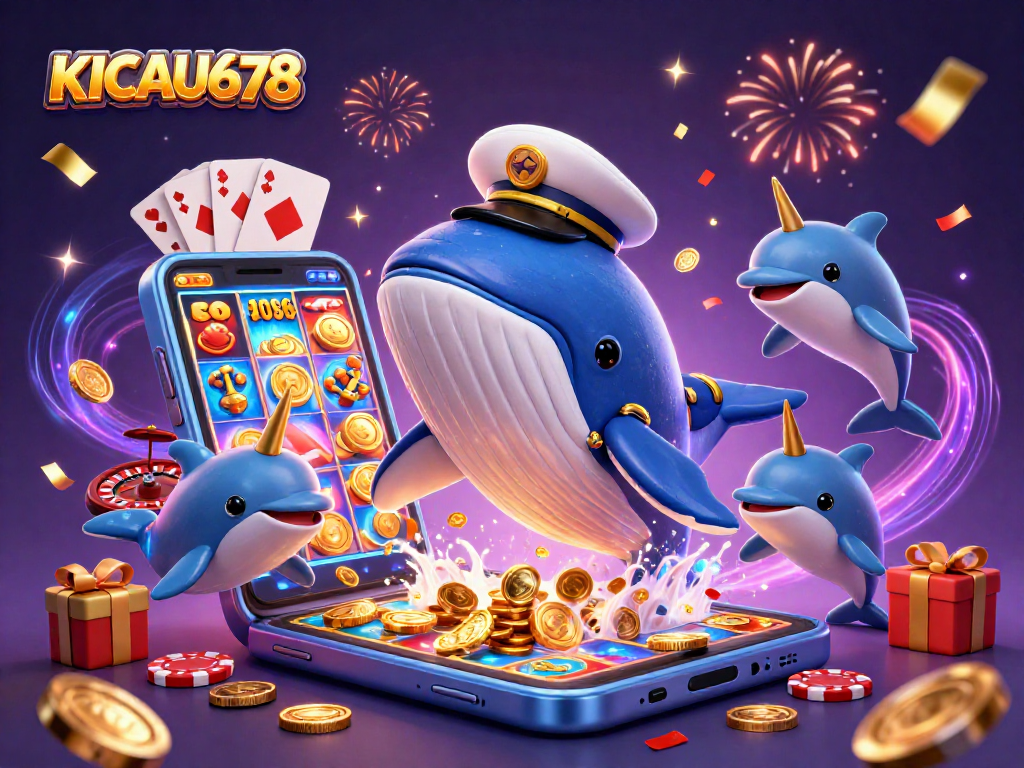 KICAU678 showcases a whimsical underwater casino scene with a whale captain and playful dolphins gambling.