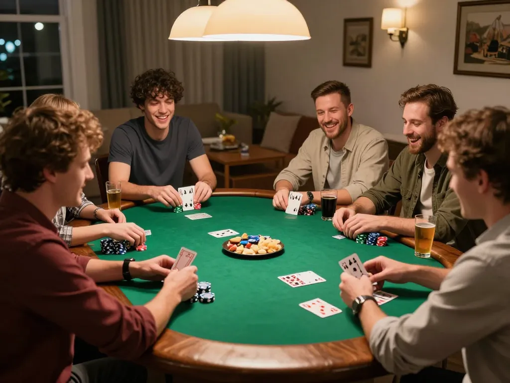 Iwinclub players strategizing during a lively home poker night, showcasing interaction and excitement.