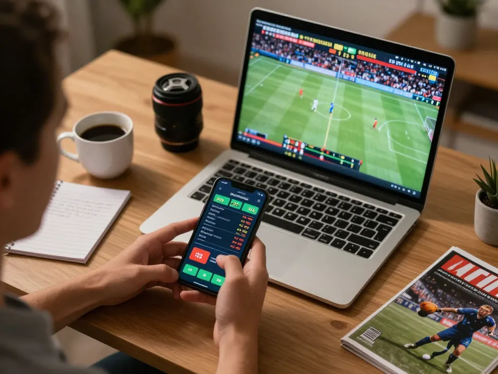 Engaged player using 789betgo app for live sports betting with smartphone and laptop.