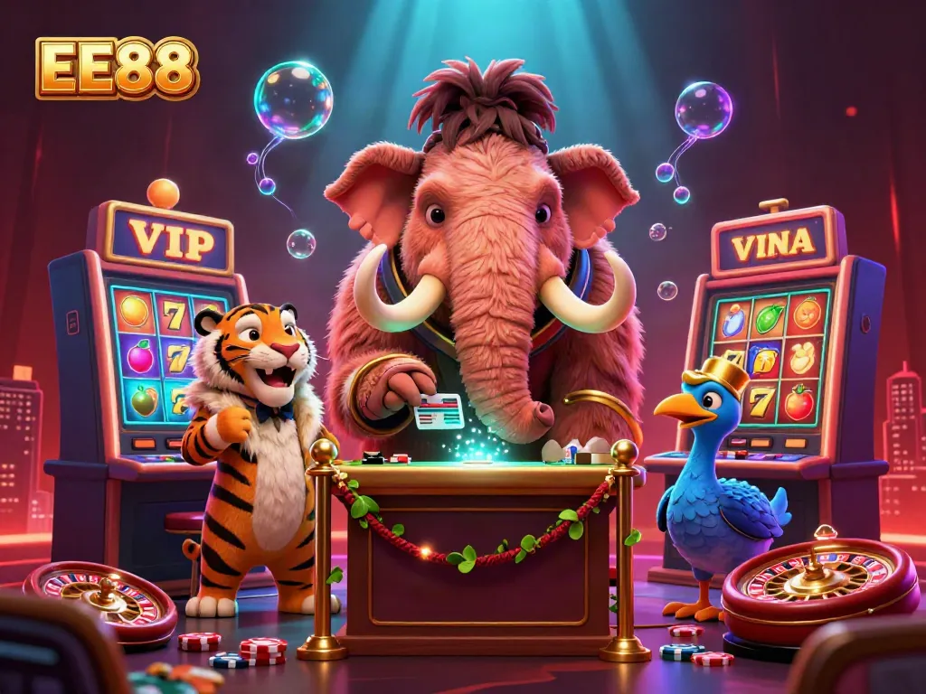 Experience excitement with EE88's vibrant casino scene featuring unique characters and engaging gaming elements.