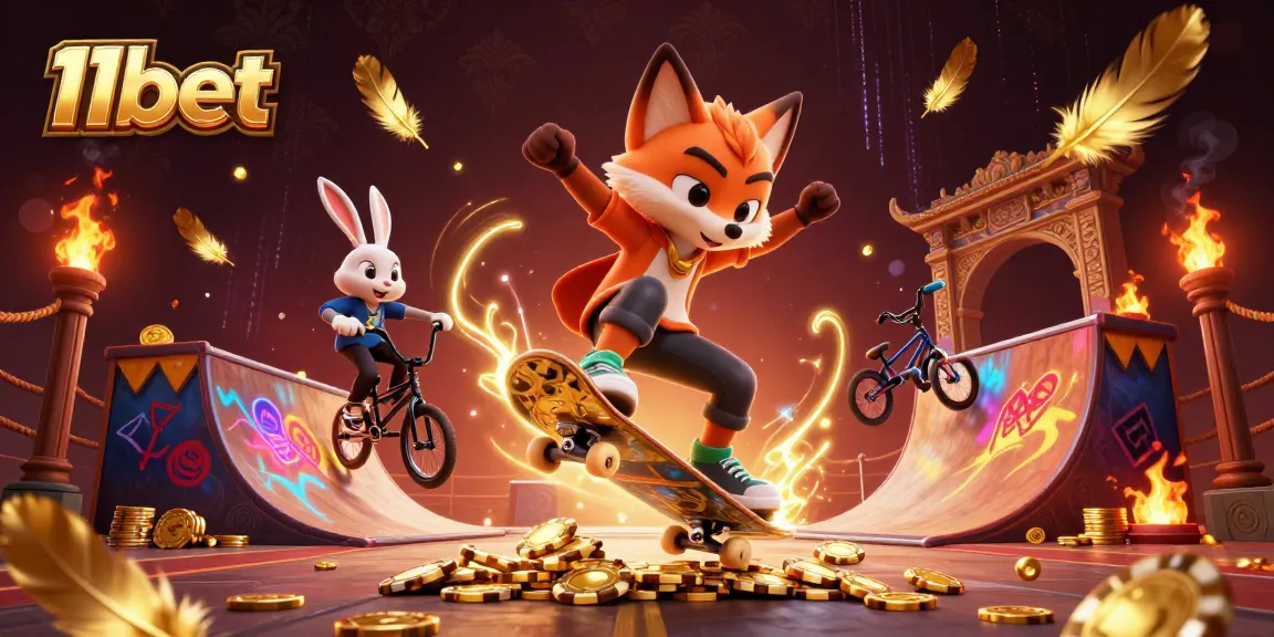 Experience the thrill of 11bet gaming with a vibrant scene of a cartoon fox and rabbit engaged in exciting tricks.