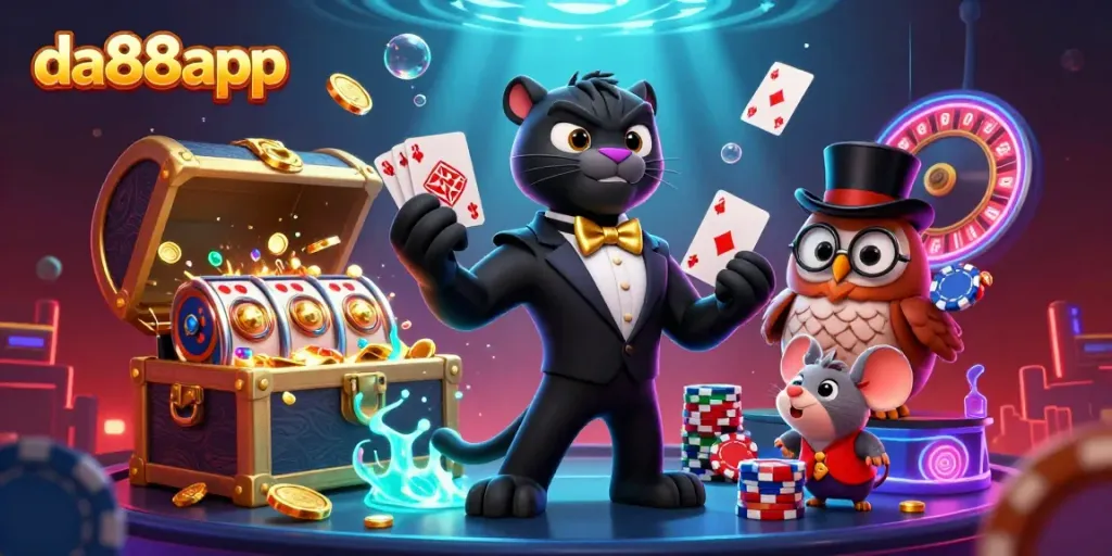 Experience thrilling bets with da88app featuring stylish gambling animals amidst vibrant casino elements.