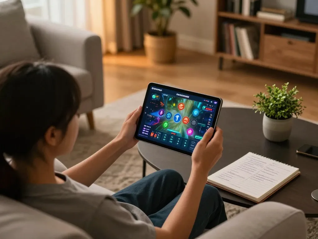 prisonersofthecrown gaming enthusiast enjoying online tournament with tablet in cozy setting