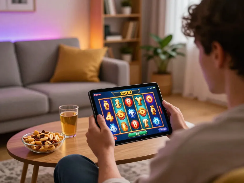 Engaged player enjoying pragmatic Play Demo x500 slot game on tablet in cozy home.