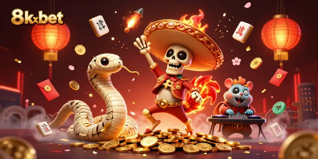 Experience the excitement of 8xbet with a vibrant 3D illustration featuring engaging casino characters and festive elements.