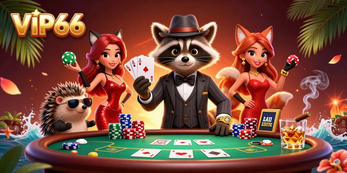 Experience thrilling poker action at VIP66 with stylish characters and vibrant casino elements.