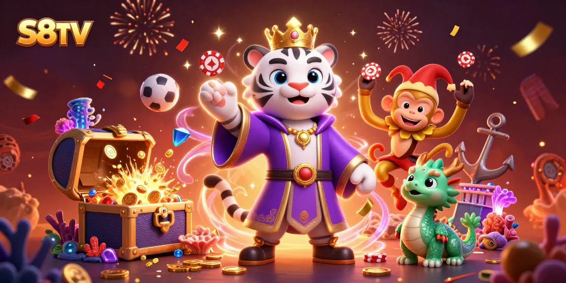 S8TV delivers captivating sports betting experiences with vibrant characters amidst gold and gems.
