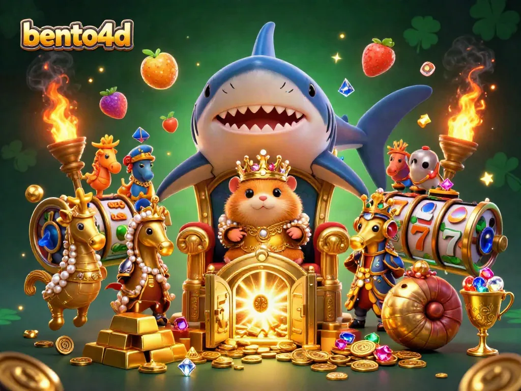 Bento4d showcases a thrilling scene with a fierce hamster king, seahorse guards, slot machines, and treasures.