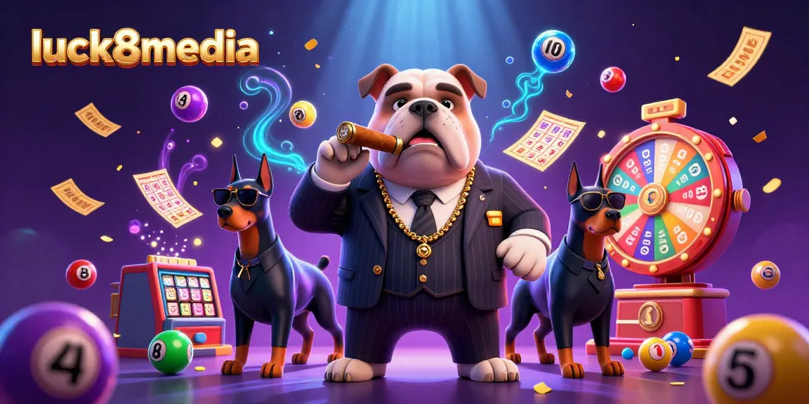 Experience thrilling wins with luck8media in a vibrant casino scene featuring a mafia boss bulldog and lively game elements.