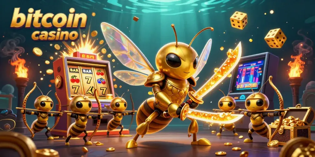 Experience thrilling wins at a bitcoin casino with engaging 3D illustrations of games and prizes.
