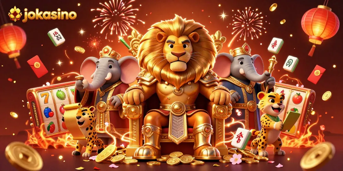 Engage with jokacasino's rich casino scene featuring a lion king, elephant advisor, and cheetah messenger.