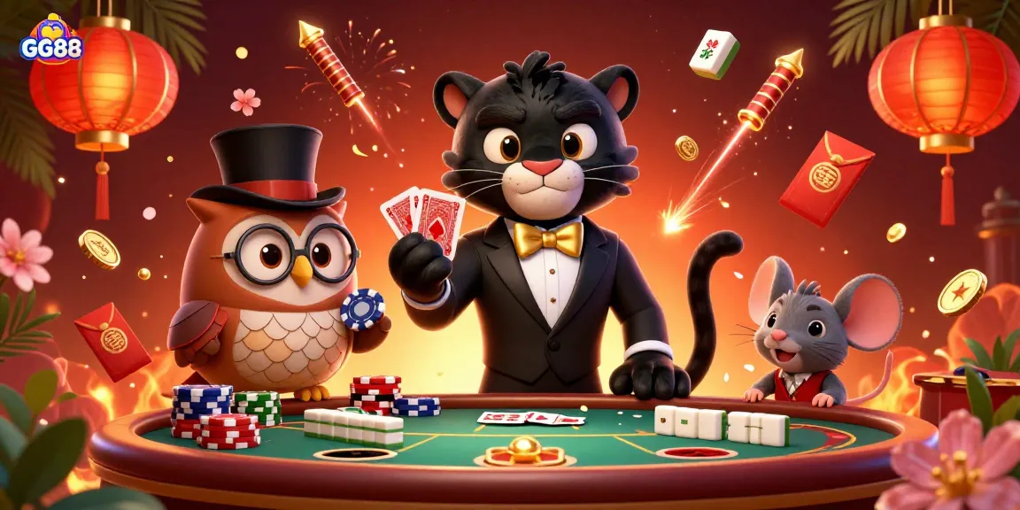 Engaging GG88 illustration with characters in a casino scene featuring unique game elements.