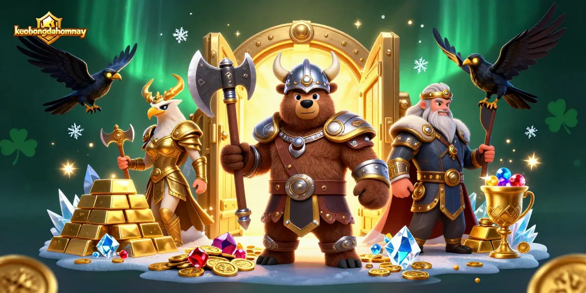 Engage with keobongdahomnay through a vibrant 3D scene of a Viking bear and Valkyrie amidst gold and gems.