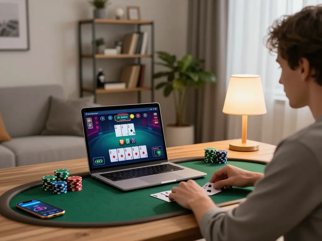 rokok88 player engaging in online poker with cozy home setup, showcasing strategic gameplay and responsible gambling