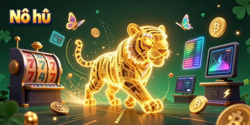 Engage with Nổ hũ in an immersive 3D digital casino scene featuring vibrant characters and crypto elements.
