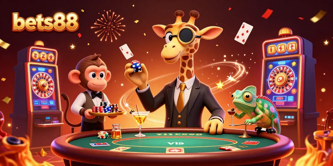 Experience thrill at bets88 with a high-roller giraffe and vibrant casino games in a dazzling scene.