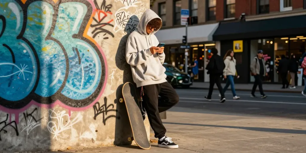 Stylish individual enjoying urban street fashion with rokok88 apparel against a vibrant city backdrop.
