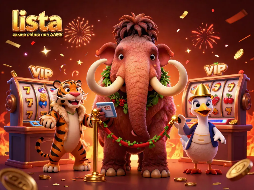 Scopri la lista casino online non AAMS con un mammut bouncer e un tigre VIP in un'ambientazione festosa.
