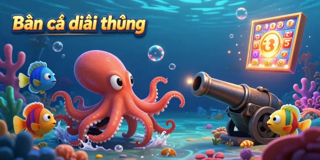 A dynamic fish-shooting game scene showcasing Bắn cá đổi thưởng, vibrant sea creatures, and exciting underwater action.