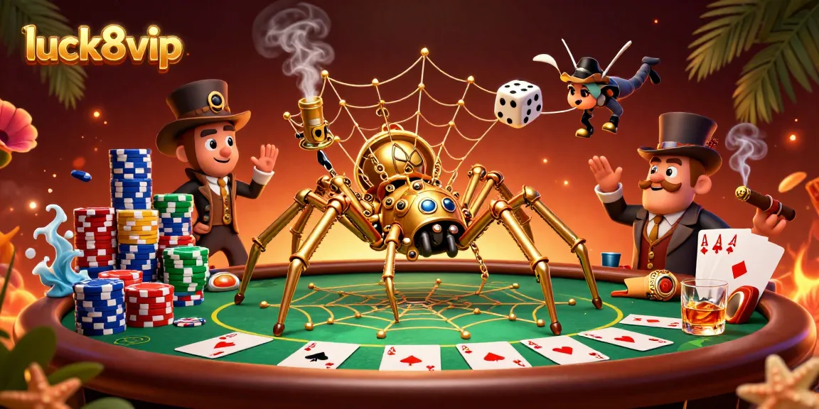 Engage with luck8vip at this vibrant steampunk casino illustration filled with poker action.