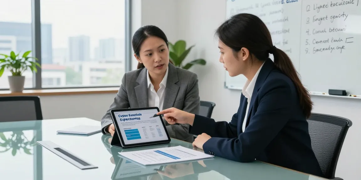 Business professionals discussing a cyber essentials quote during a consultation in a modern office setting.