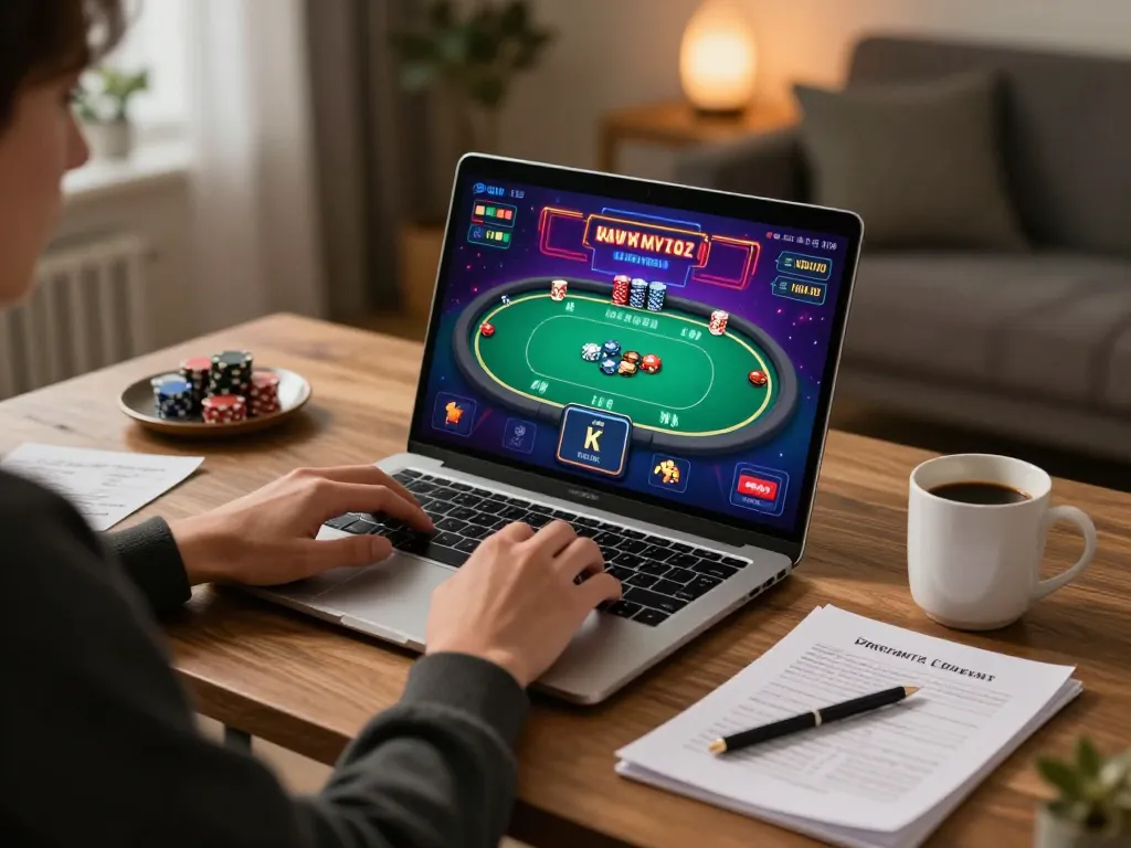 Engaging online gambling session at home with mandyrobertsyoga showcasing strategic gameplay using laptop.