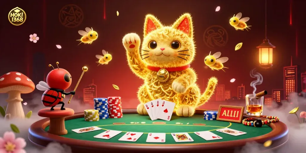 Engage with HOKI368's vibrant casino magic through a whimsical lucky cat character amidst a colorful poker scene.