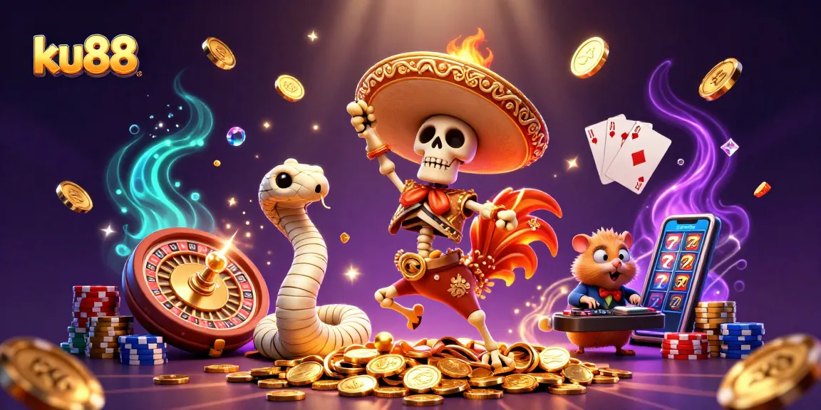 ku88 showcases vibrant 3D characters dancing amid casino elements, enhancing gaming excitement.
