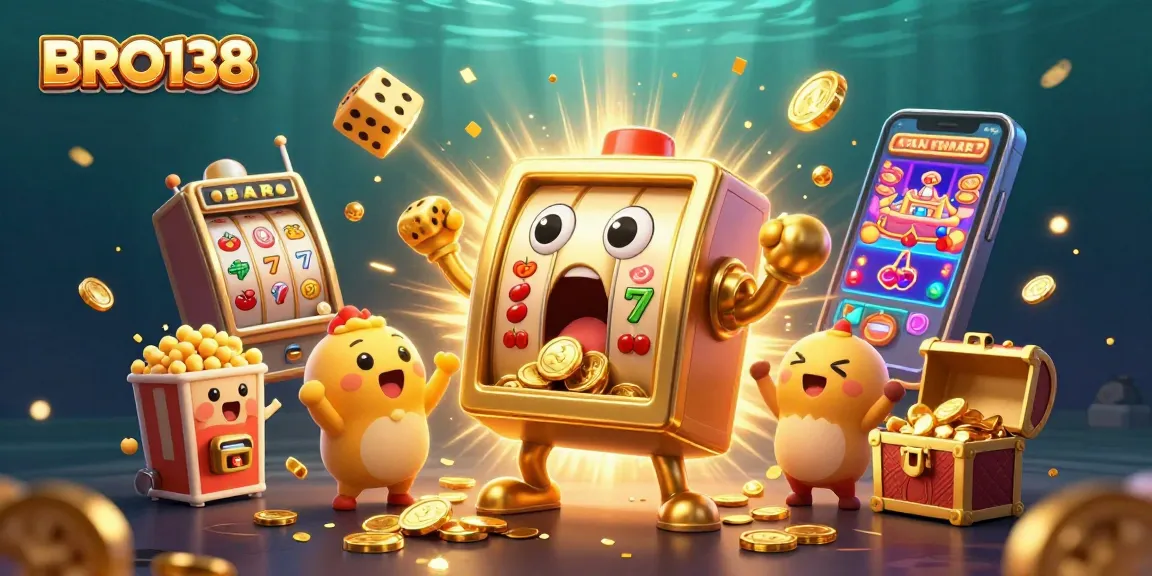 BRO138 slot machine hits a jackpot with coins pouring out, surrounded by cheering baby machines and festive elements.