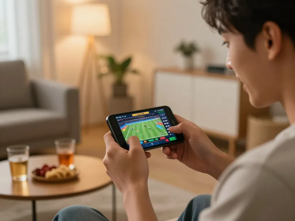 Engaging moment of online sports betting on 78wingo smartphone app in a cozy home.