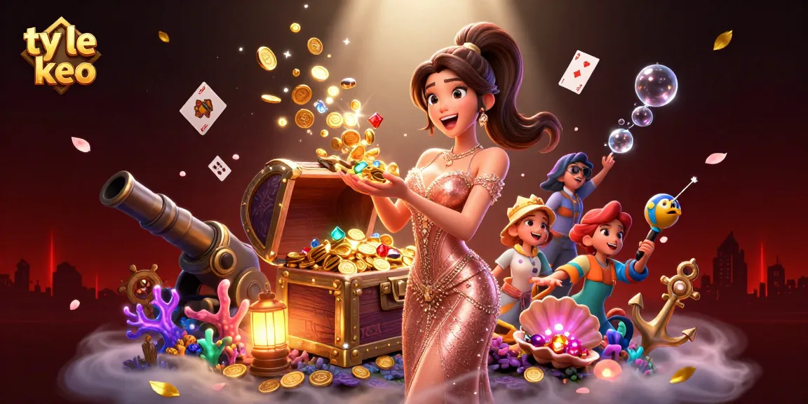 Experience the excitement of ty le keo with an Asian woman joyfully presenting a treasure chest of gold coins.