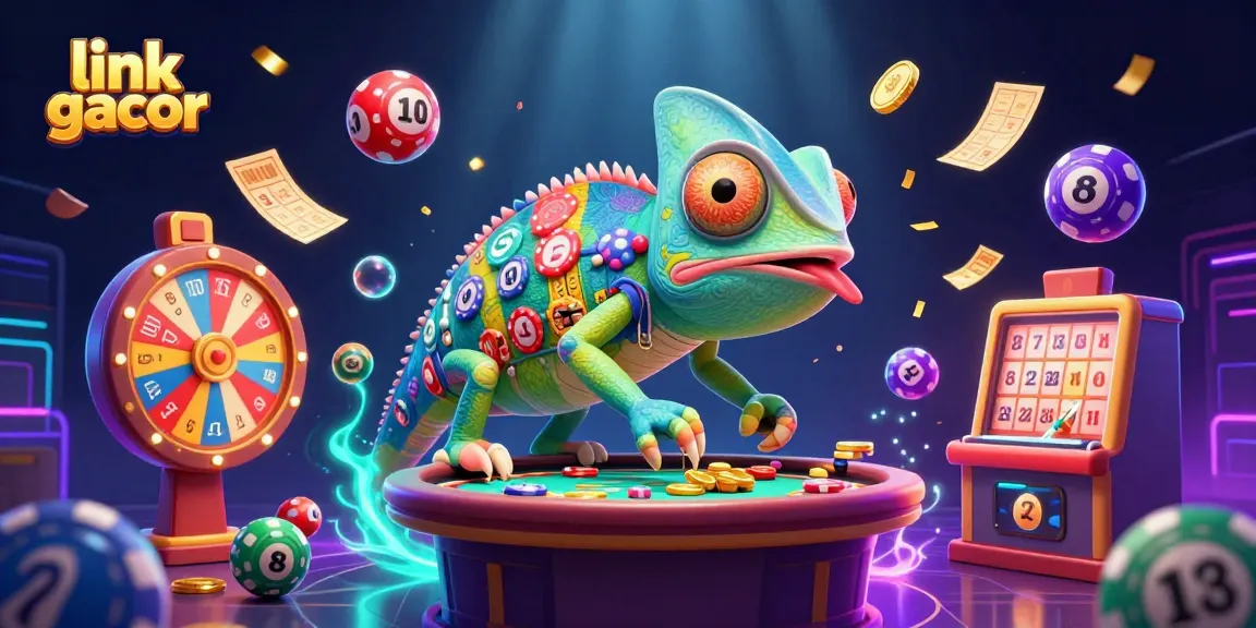 Engage with the exciting action of link gacor featuring a vibrant chameleon casino owner amidst a spectacle of colorful gaming elements.