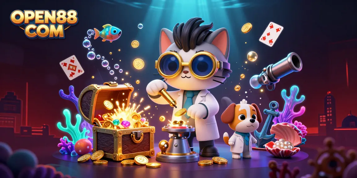 Engage with OPEN88 COM's vibrant casino scene featuring a mad scientist cat, dog assistant, gold coins, and gaming elements.