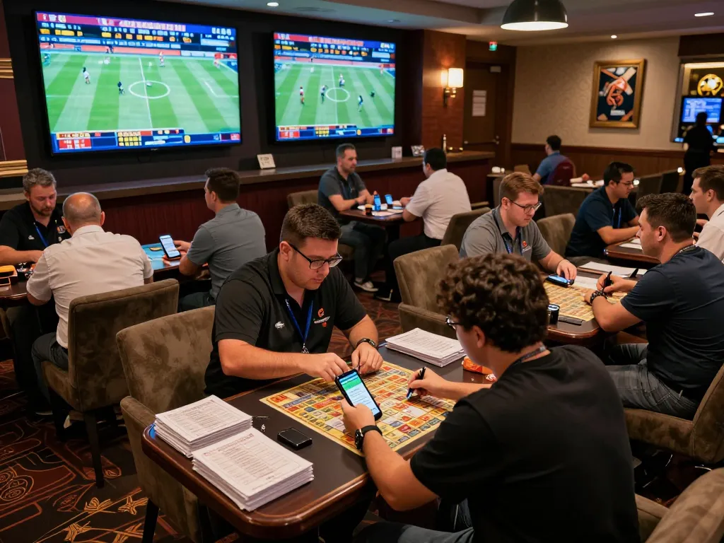 Engaged bettors in an upscale sports betting lounge strategizing for rokok88 odds.