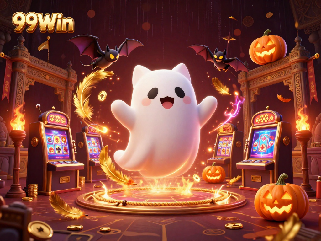 Experience thrilling fun with 99Win as ghost cat navigates a haunted casino atmosphere.
