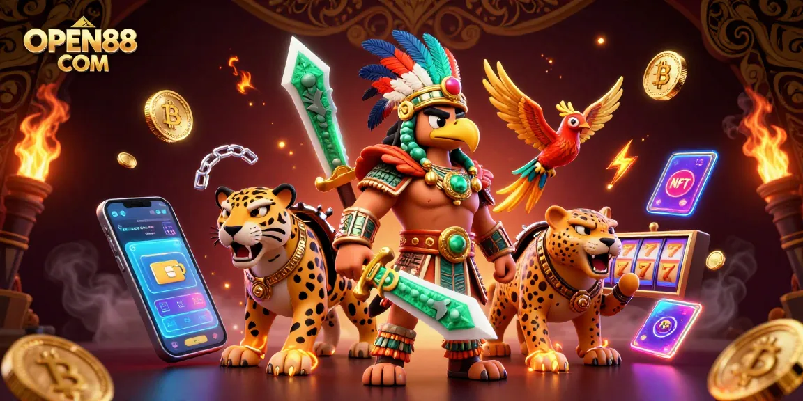 Engage in dynamic betting experiences with OPEN88 COM's vibrant casino illustration featuring warriors, slots, and cryptocurrencies.