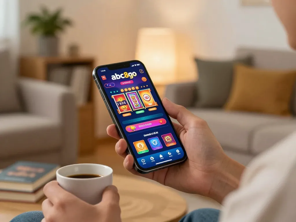 Gambler using the abc8go app on smartphone in cozy home setting for online gaming.