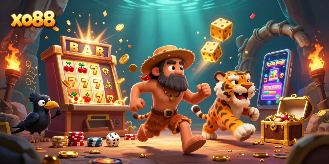 Experience the excitement of xo88 with a vibrant prehistoric casino scene packed with thrilling gaming elements.