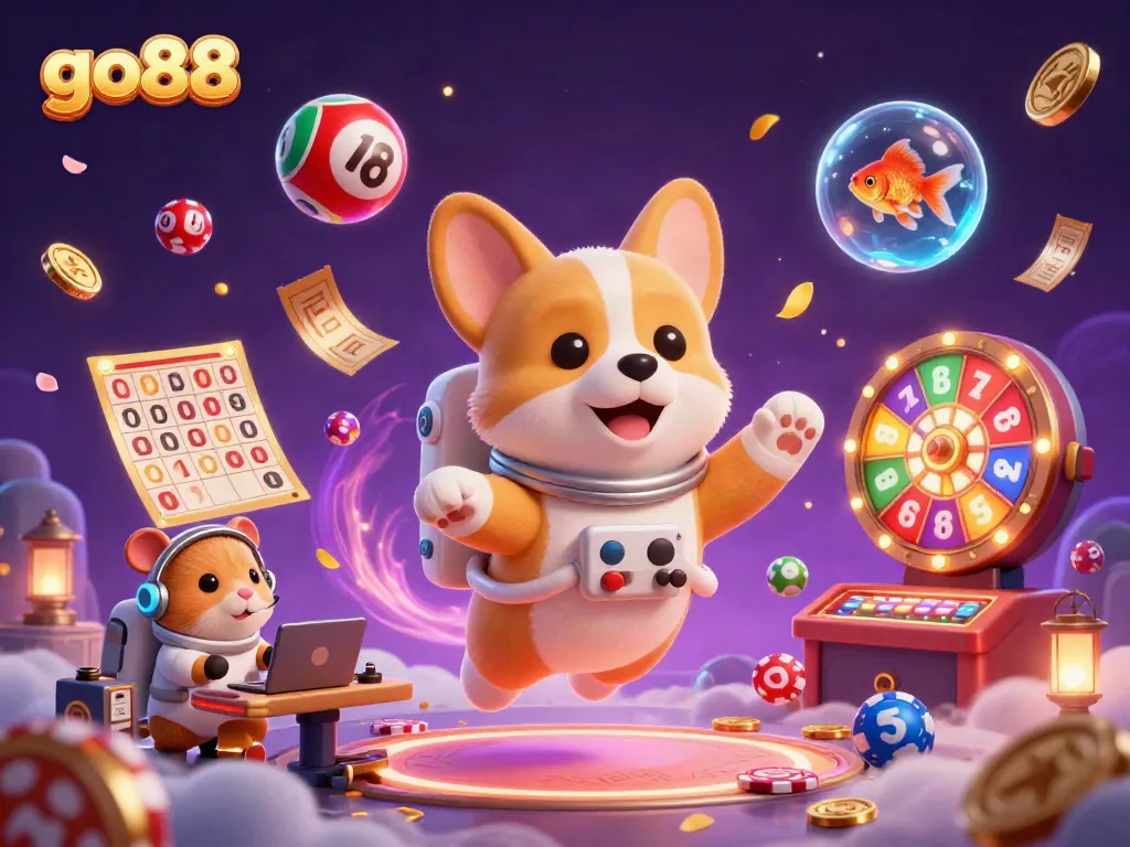 Experience the excitement of go88 with floating gaming elements in a vibrant space-themed casino.