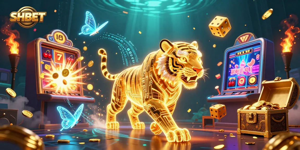 Experience the vibrant world of SHBET casino with a golden tiger, slot machines, and thrilling game action.