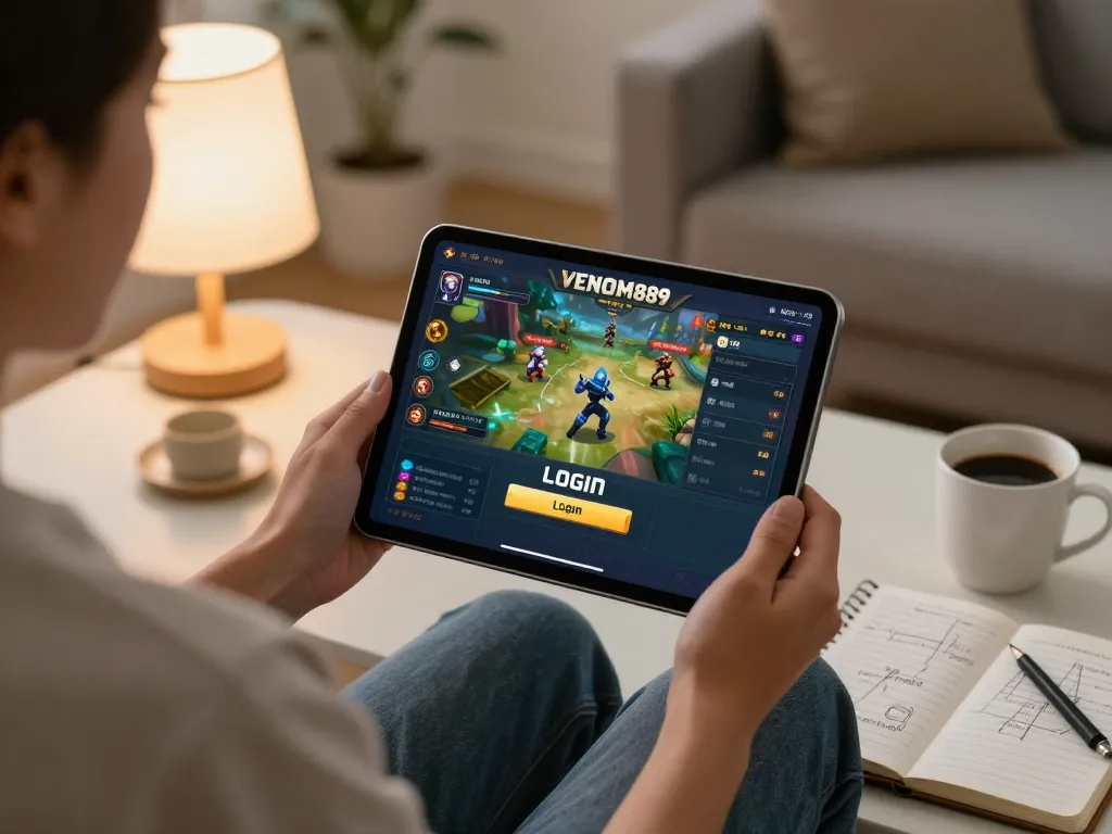 Player engaged in VENOM889 Login on tablet while enjoying cozy home atmosphere.