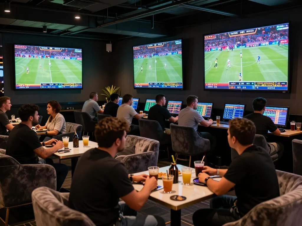 Engaged bettors placing wagers at Fabet's dynamic sports betting lounge filled with excitement.
