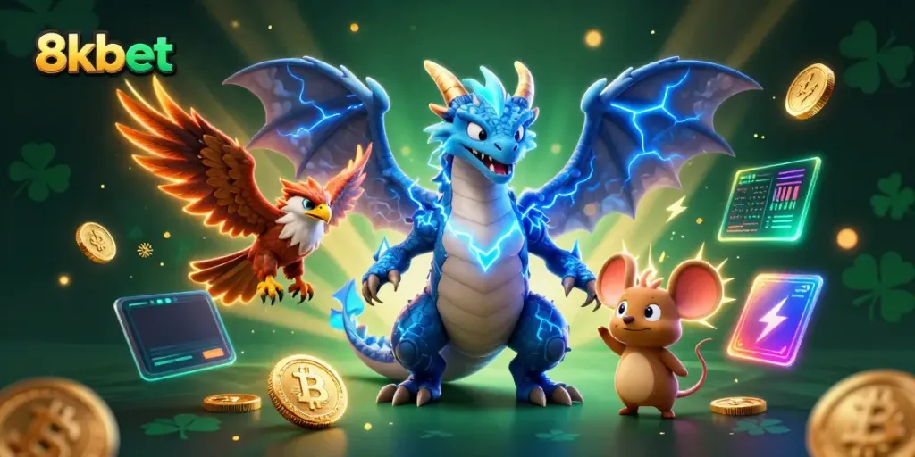 Engage with the thrilling casino world of 8xbet featuring a powerful dragon, hawk, and mouse amidst dynamic crypto elements.