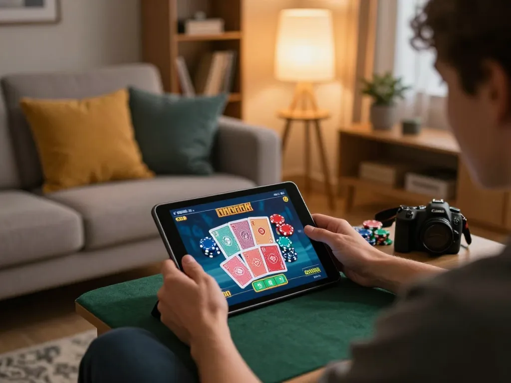 Engaging online casino gaming session at home featuring vegasslot77 on a tablet, capturing strategic play.