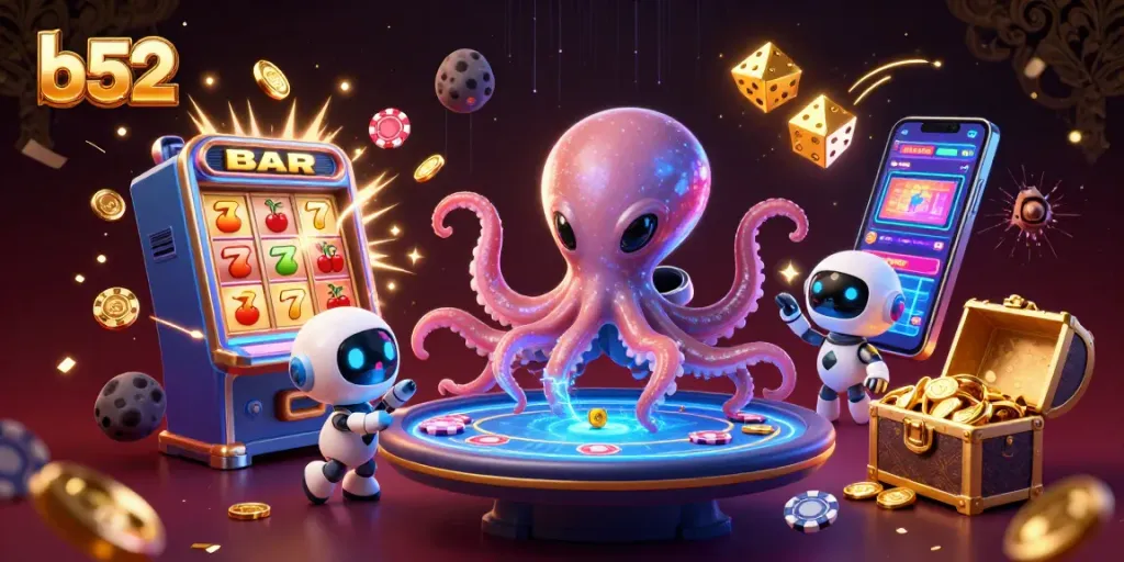 Experience thrilling b52 gaming with a cosmic alien octopus at a poker table in a vibrant casino scene.