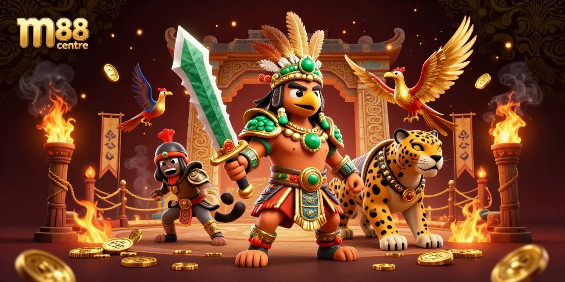 Engage with m88 center at an exciting online casino filled with vibrant characters and golden elements.