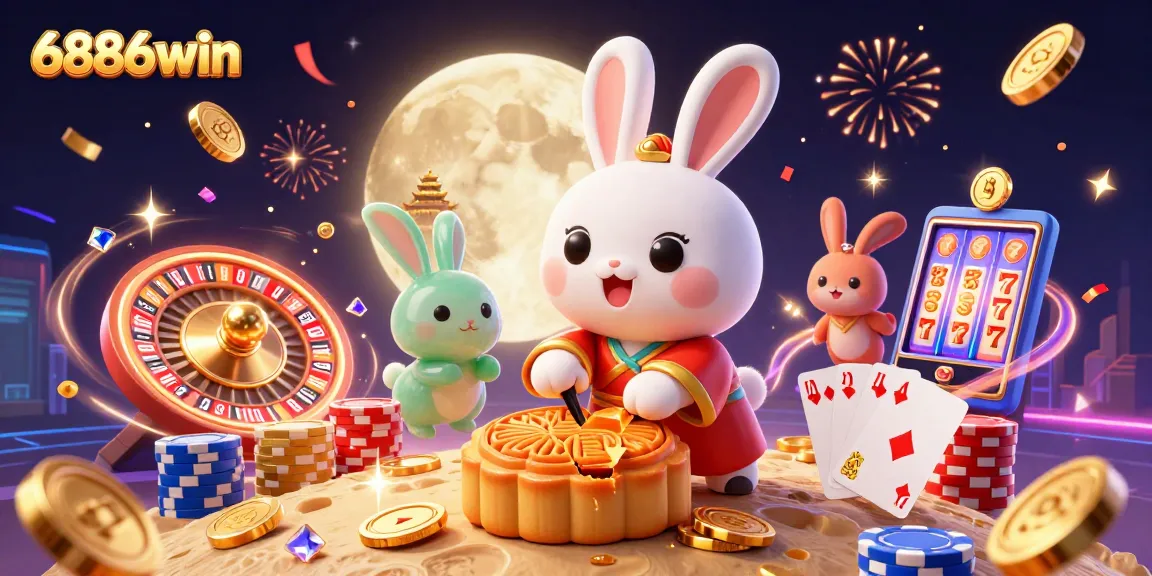 Engage with 6886win's exciting 3D casino scene featuring the moon rabbit, golden coins, and slot machine action.